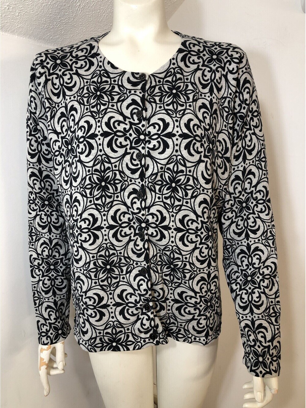 Foxcroft Womens Large Cardigan Sweater Black Grey Long Sleeve Button Front